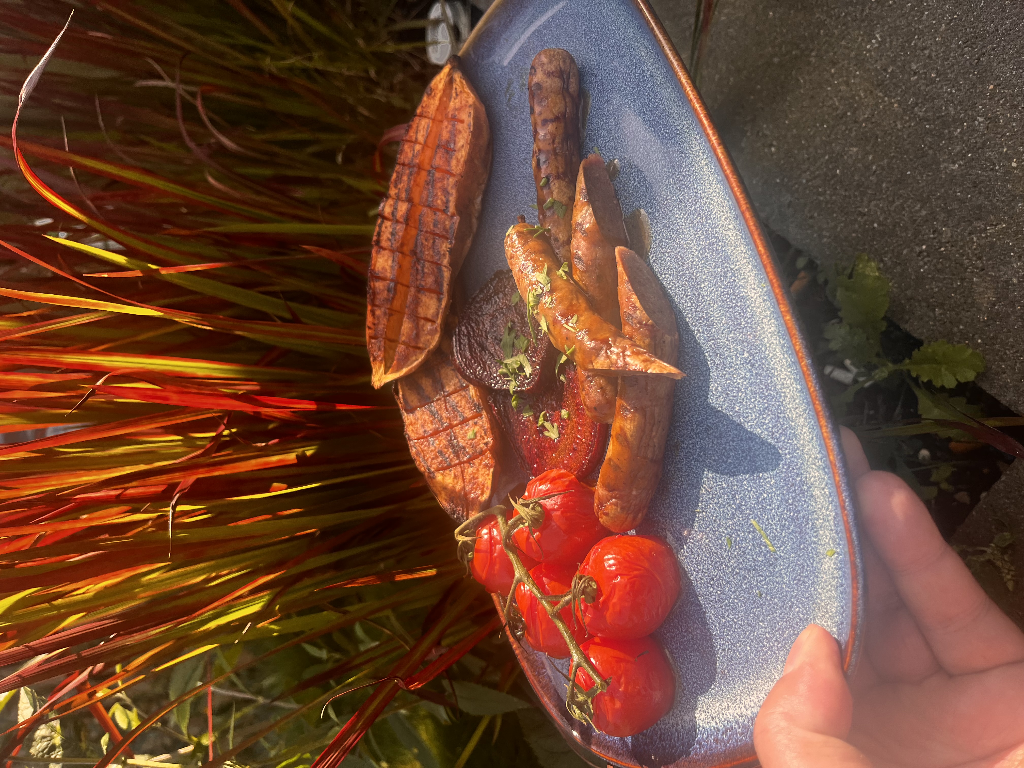 Wildworsten met gegrilde zoete aardappel rode biet en cherry tomaatjes en Jus: